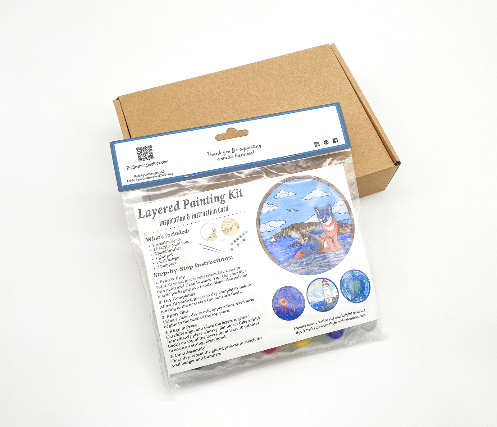 Back of packaged fox paint kit showing instructions, finished example and kit contents