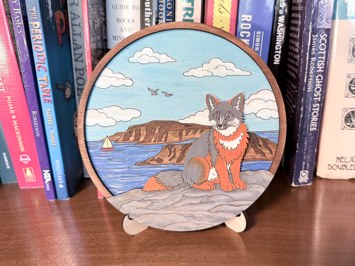 Fox Coastal layered wood painting kit with measurement lines showing the round artwork is 5.8 inches wide and 5.8 inches tall.