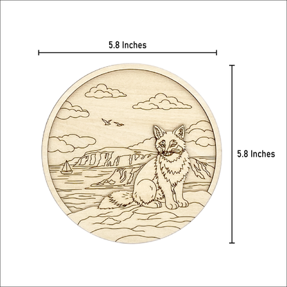 Fox Coastal layered wood painting kit with measurement lines showing the round artwork is 5.8 inches wide and 5.8 inches tall.