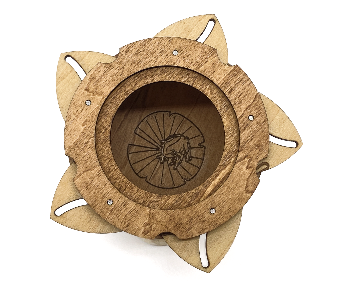 Open Frog Keepsake Box revealing the hidden engraved frog resting on a lily pad inside the wooden compartment.