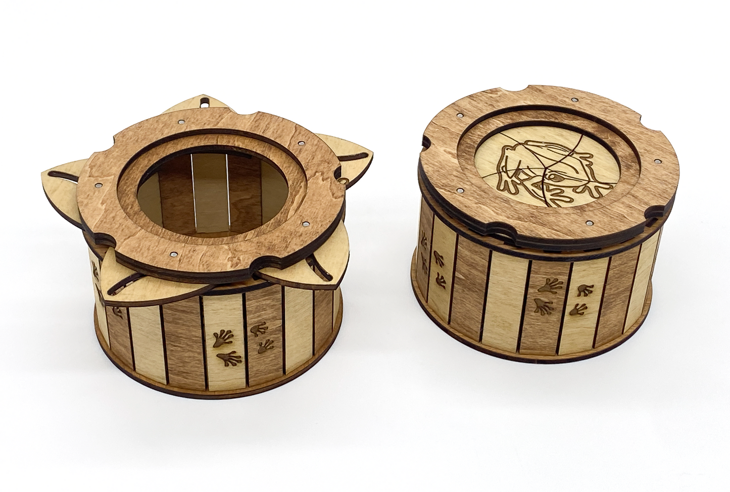 Wooden Frog Keepsake Box shown open and closed to demonstrate the unique twist-open iris mechanism.