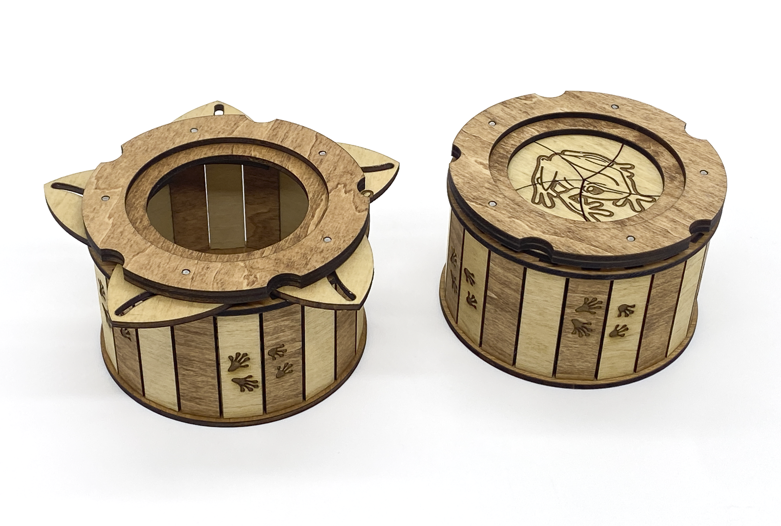 Wooden Frog Keepsake Box shown open and closed to demonstrate the unique twist-open iris mechanism.