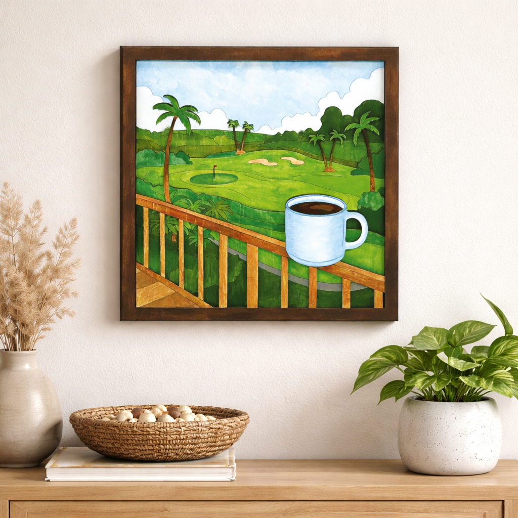 Completed 5 Layered DIY Wood Painting Kit of a Lanai view of a golf course and coffee cup in Maui hung on a white wall above a shelf with a plant and bowl