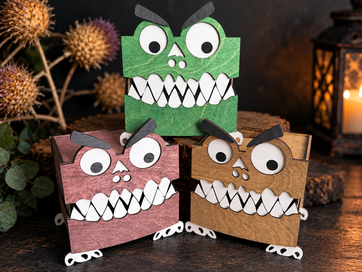 Three handcrafted wooden monster boxes in mahogany, green, and walnut stains, featuring googly eyes, white teeth, and playful monster faces.