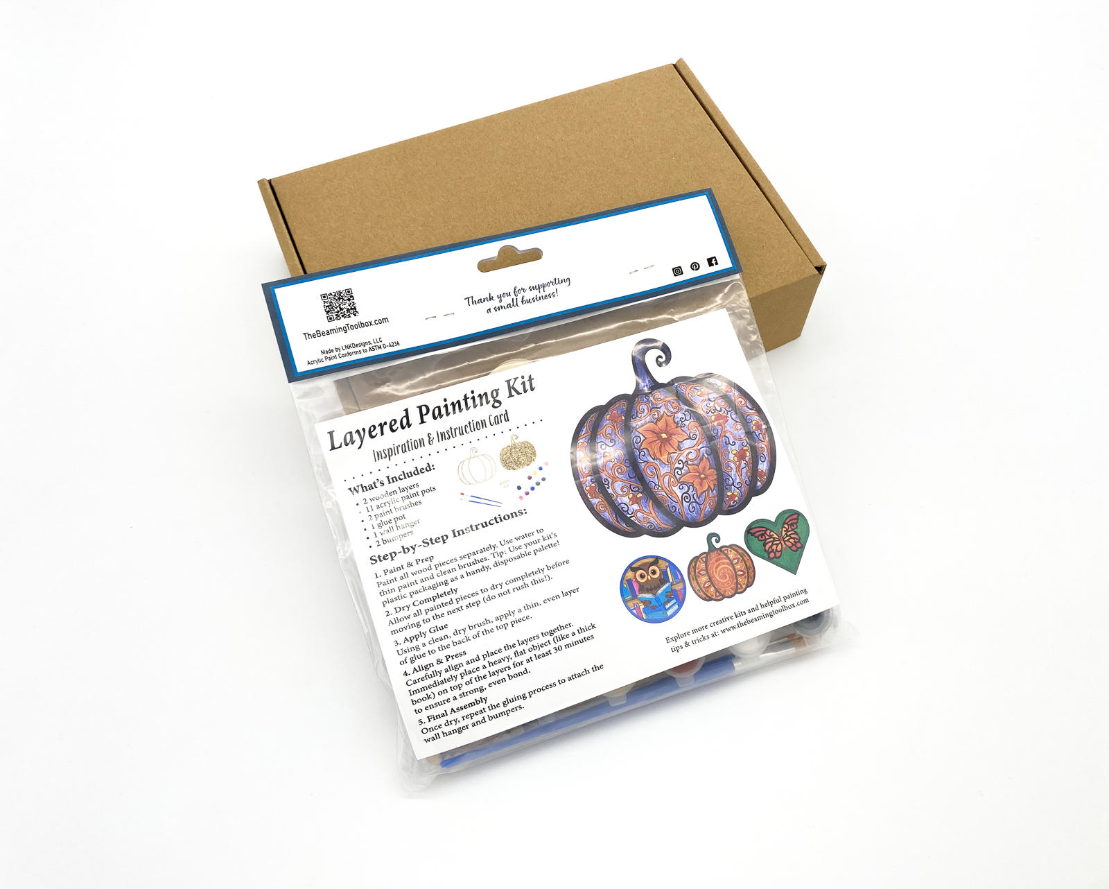 Back of packaged gothic pumpkin kit showing instructions, finished example and kit contents