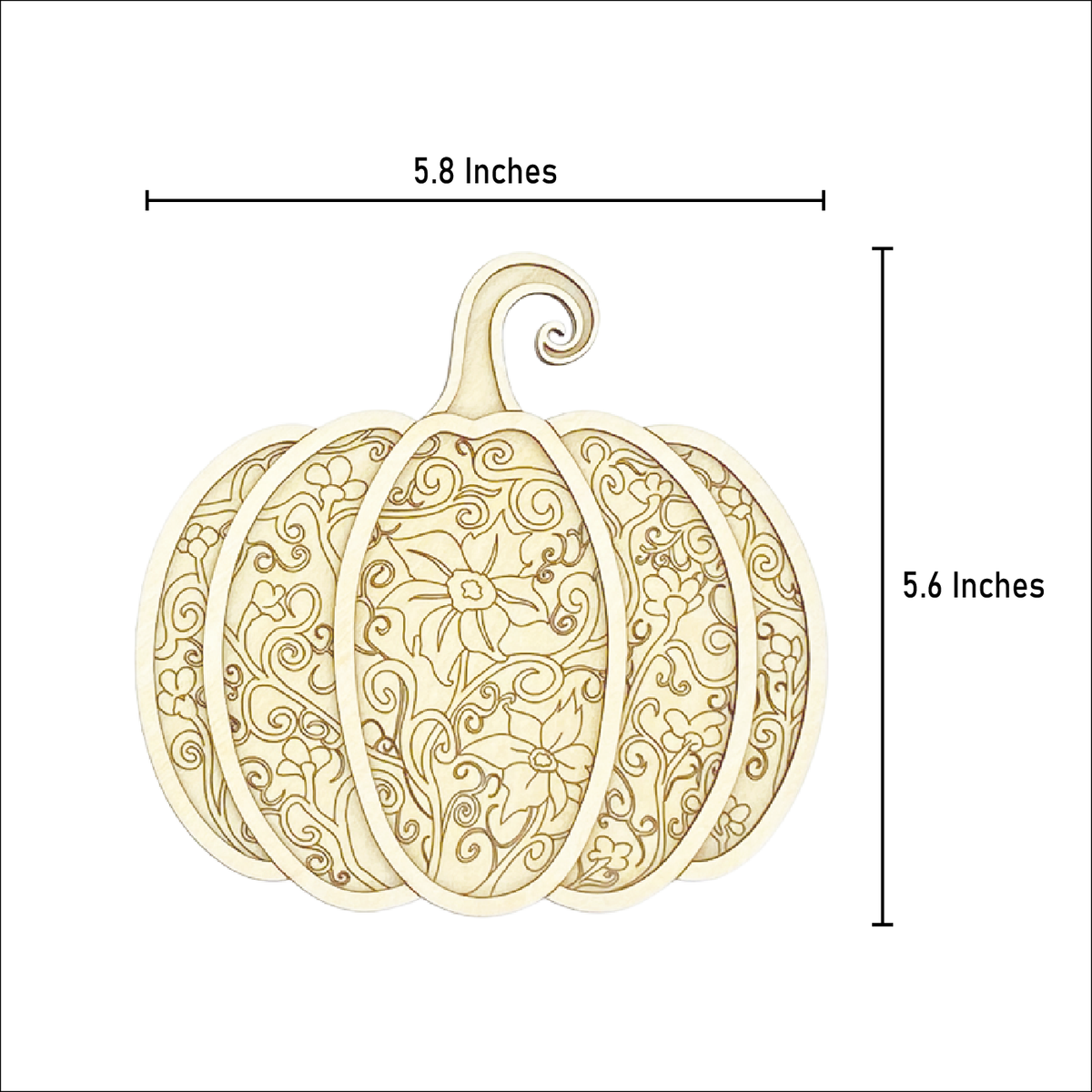Gothic Pumpkin layered wood painting kit with measurement lines showing the artwork is 5.8 inches wide and 5.6 inches tall.