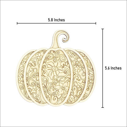 Gothic Pumpkin layered wood painting kit with measurement lines showing the artwork is 5.8 inches wide and 5.6 inches tall.