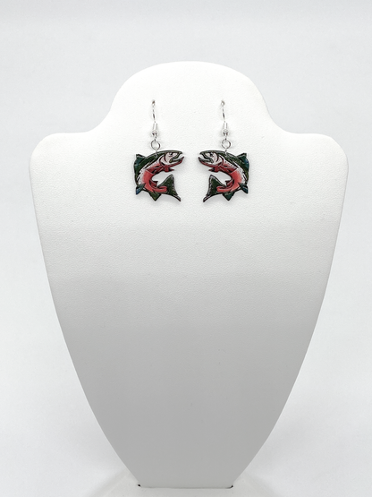 Stylized hand-painted wooden jumping salmon earrings in green, silver and salmon color