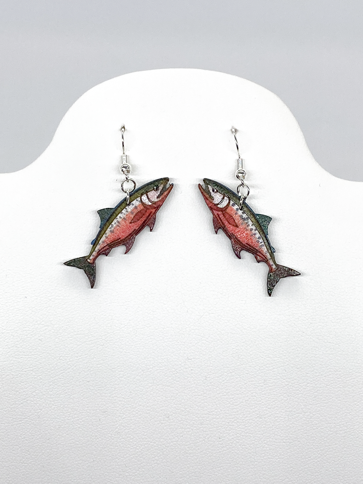Artisan wood salmon earrings with silver plated hooks and hand-painted details