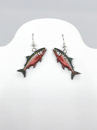 Artisan wood salmon earrings with silver plated hooks and hand-painted details