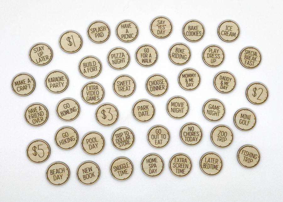 Wooden reward tokens for kids designed for screen-free, candy-free motivation