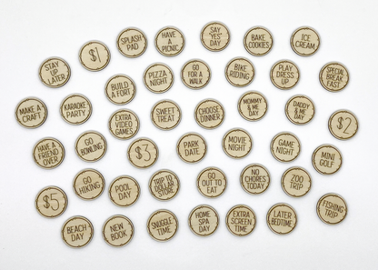 Wooden reward tokens for kids designed for screen-free, candy-free motivation