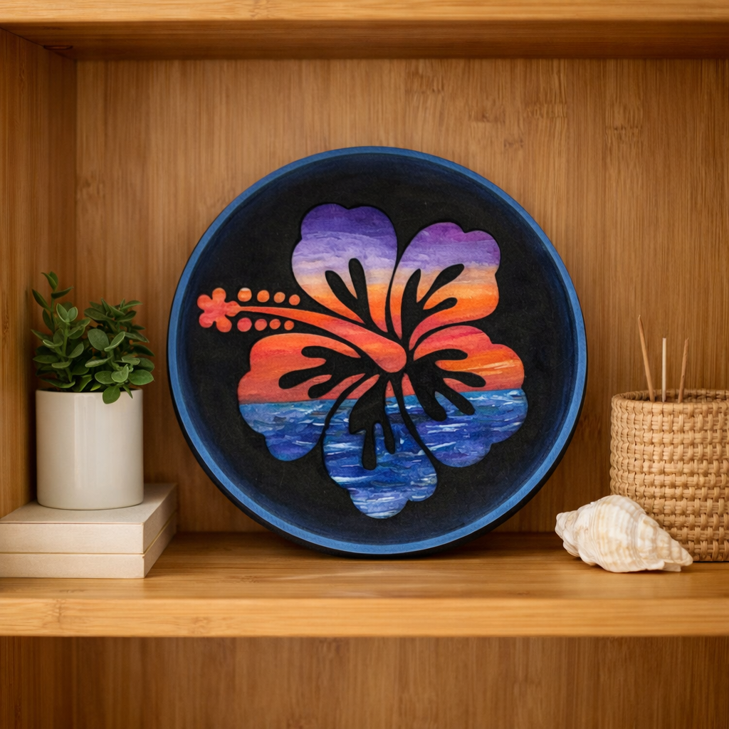 DIY Paint Hawaiian Hibiscus Finished Paint Kit and on display on a wooden shelf.