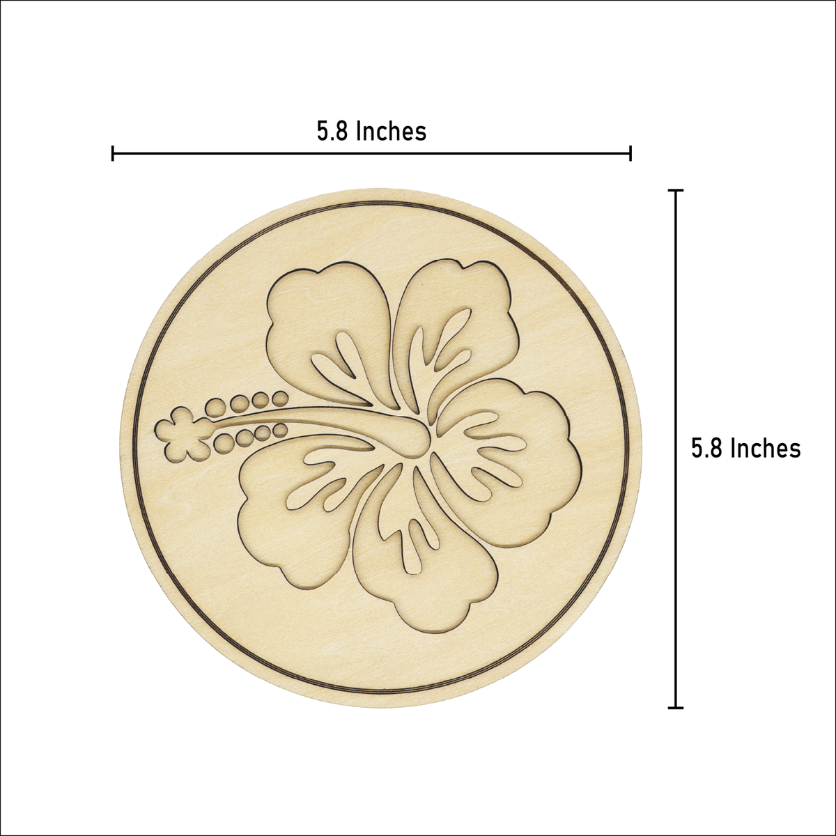 Hawaiian Hibiscus layered wood painting kit with measurement lines showing the round artwork is 5.8 inches wide and 5.8 inches tall.
