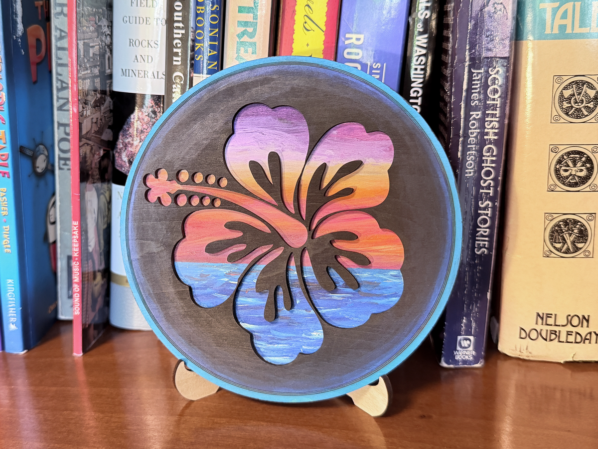 DIY Wood Painting Craft Kit, Hawaiian Hibiscus, Painted Example on display on a bookshelf