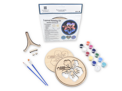 Hawaiian Hibiscus layered painting kit in packaging with unfinished wood artwork, paint pots, brushes, glue, stand, and hardware.