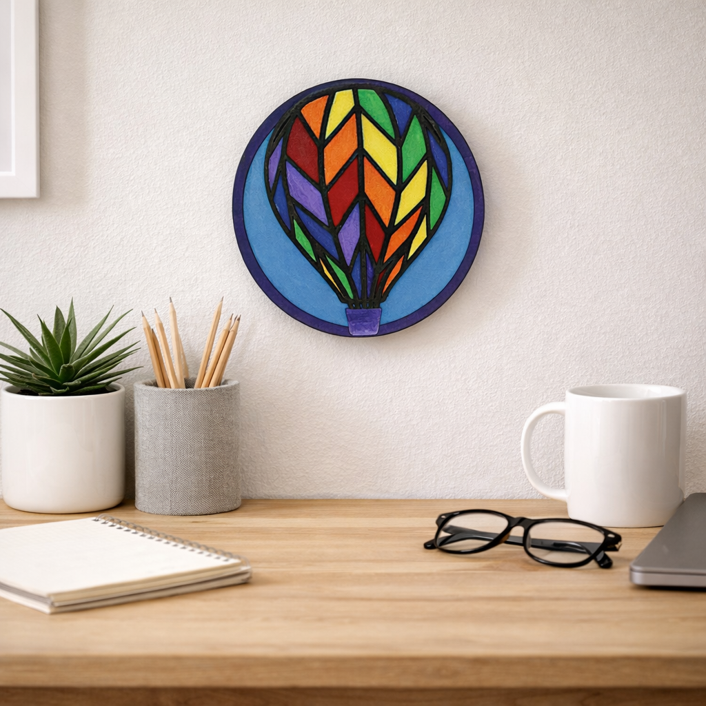 Colorful hot air balloon wall diy layered art kit completed and on display on a white wall above a wooden desk with office supplies.