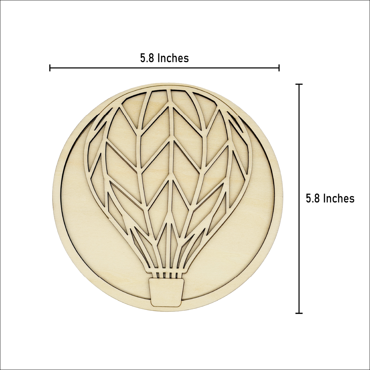 Hot Air Balloon layered wood painting kit with measurement lines showing the round artwork is 5.8 inches wide and 5.8 inches tall.