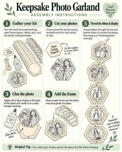 Illustrated assembly instructions for a wooden photo garland kit, showing the supplies, photo cutting, gluing, frame assembly and ribbon connections.