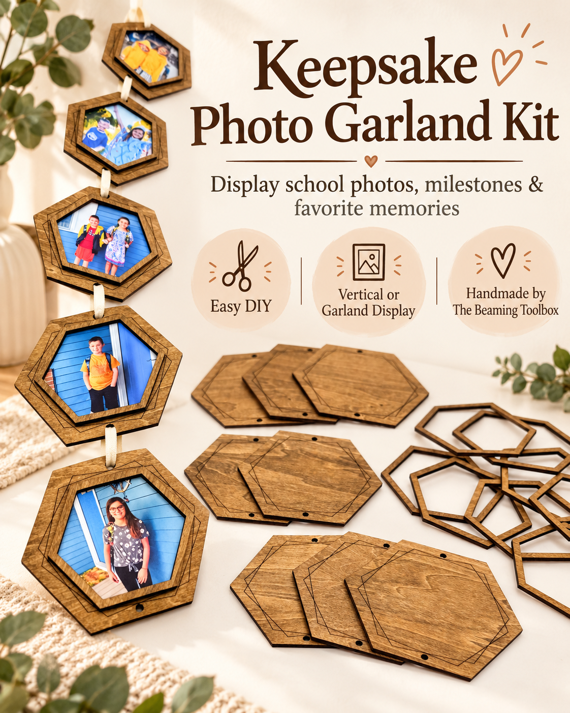 Keepsake Photo Garland Kit featuring hexagonal wooden photo frames with sample photos, wooden photo holders, and wood frame pieces on a styled cream background with decorative text overlays.