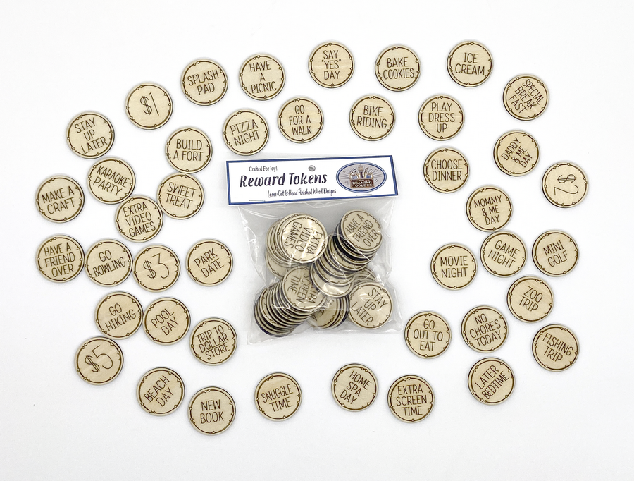 Set of 42 engraved wooden reward tokens for kids’ positive behavior and family activities