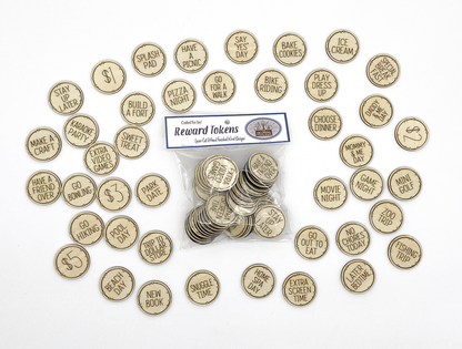 Set of 42 engraved wooden reward tokens for kids’ positive behavior and family activities