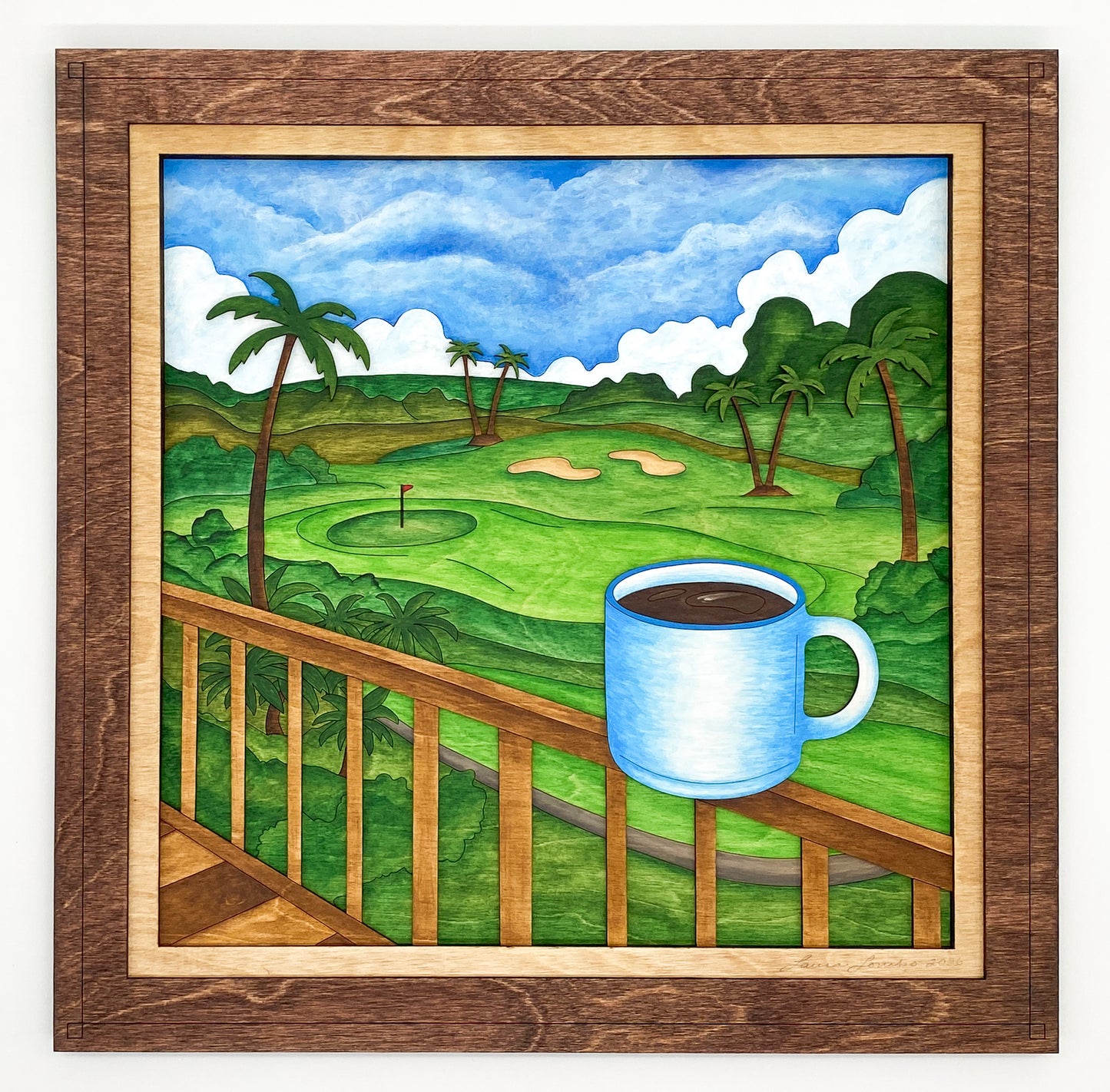 Framed artwork of a coffee cup on a deck overlooking a golf course with palm trees.