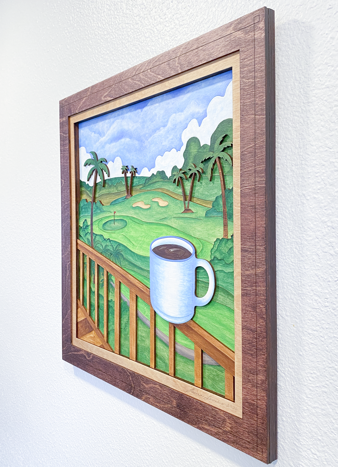 Right-side angled view of Lanai Mornings original layered wood wall art highlighting the dimensional layered construction, tropical golf course scenery, and hand-painted translucent glazes.