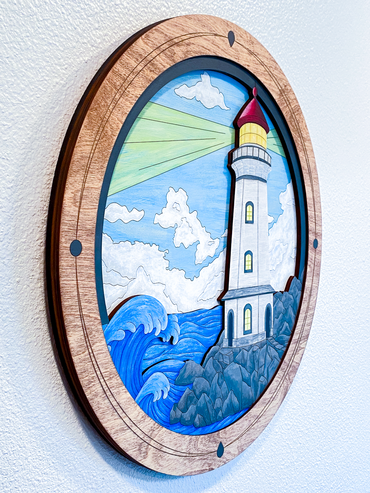 A side profile shot of the artwork demonstrating the 0.7-inch thickness and the dramatic sculptural depth created by the four layers of wood.