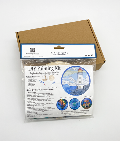 DIY painting kit with lighthouse design on a white background  showing back of packaging