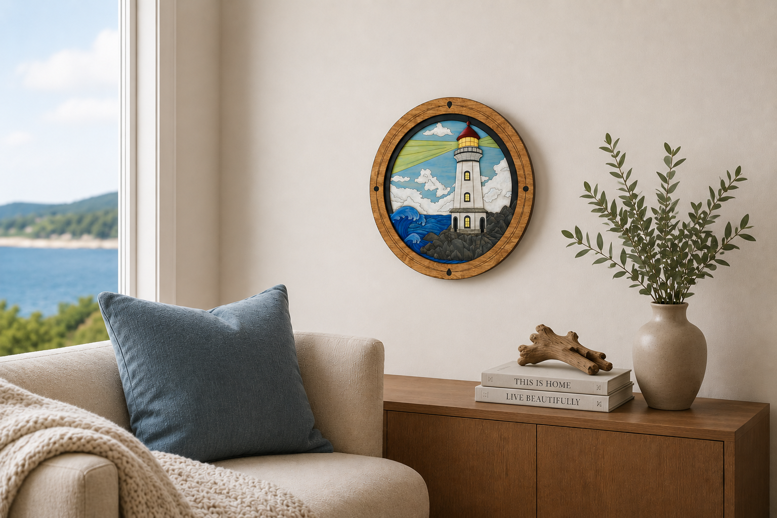 "Lighthouse on a Rocky Shore" dimensional wood art hangs in a peaceful living space, showing a dramatic ocean view from a window, a blue pillow, and coastal-themed books like "This is Home" and "Live Beautifully."