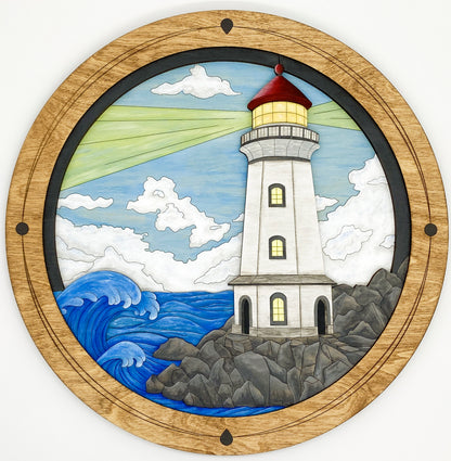 Front-facing view of "Lighthouse on a Rocky Shore," an original 4-layer sculptural wood artwork featuring a lighthouse on a rocky coast with a circular porthole frame.