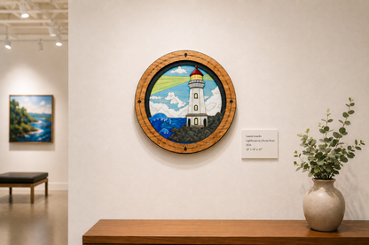A gallery view of "Lighthouse on a Rocky Shore" sculptural wood art displayed as a fine art piece, featuring a museum-style wall plaque with details: Laura Loucks, 2026, 18" x 18" x .07"