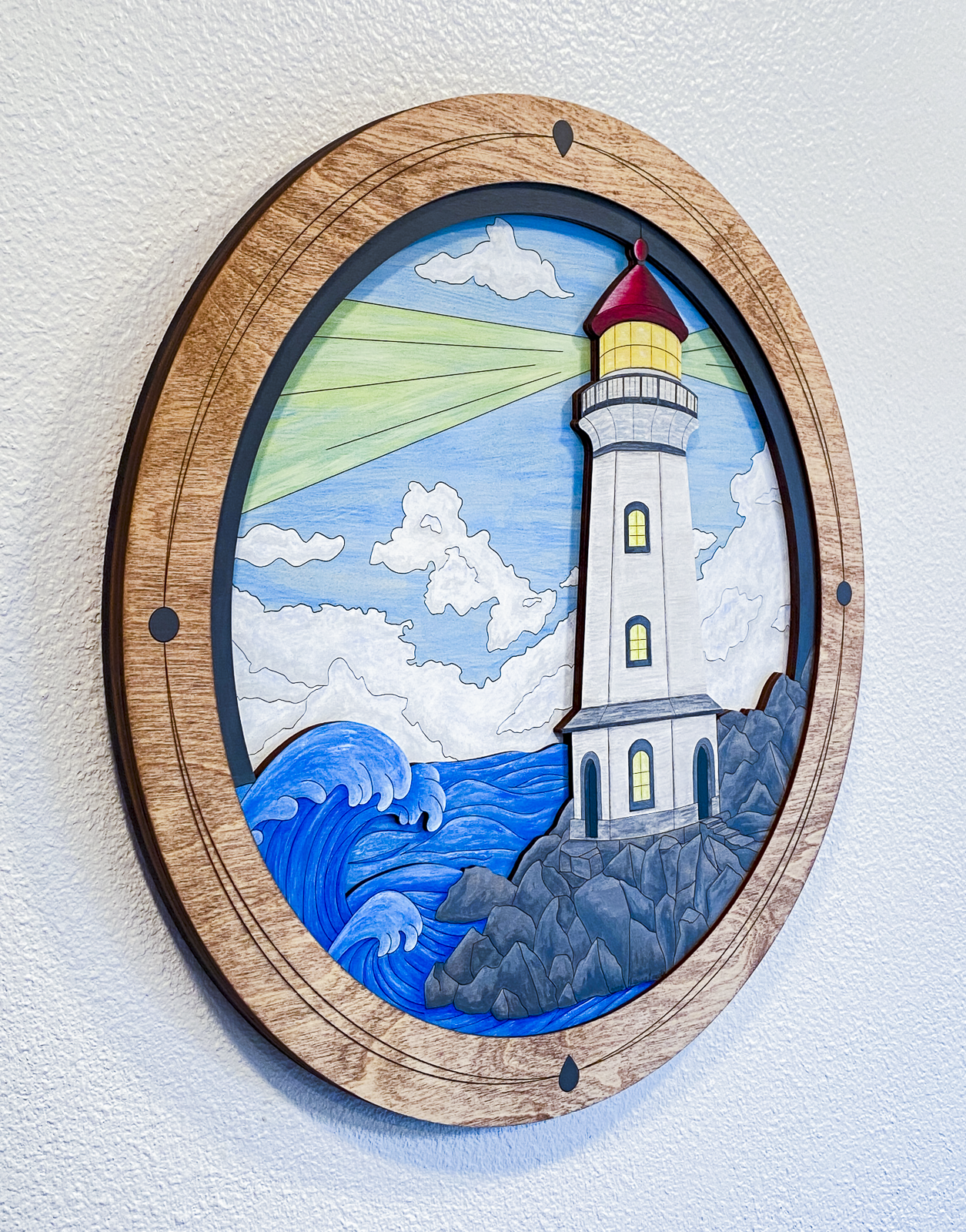 A side profile shot of the artwork demonstrating the 0.7-inch thickness and the dramatic sculptural depth created by the four layers of wood.