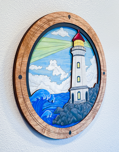 A side profile shot of the artwork demonstrating the 0.7-inch thickness and the dramatic sculptural depth created by the four layers of wood.