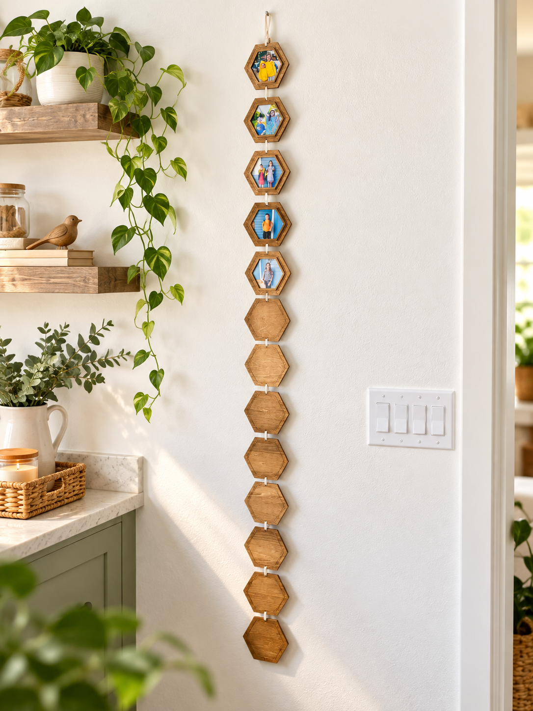 Long wooden hexagon garland hanging vertically on a white wall, with five framed family photos above additional stained wooden hexagon pieces.