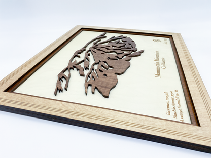 Close-up view showing layered depth and shadow in Mammoth Mountain wood relief wall art