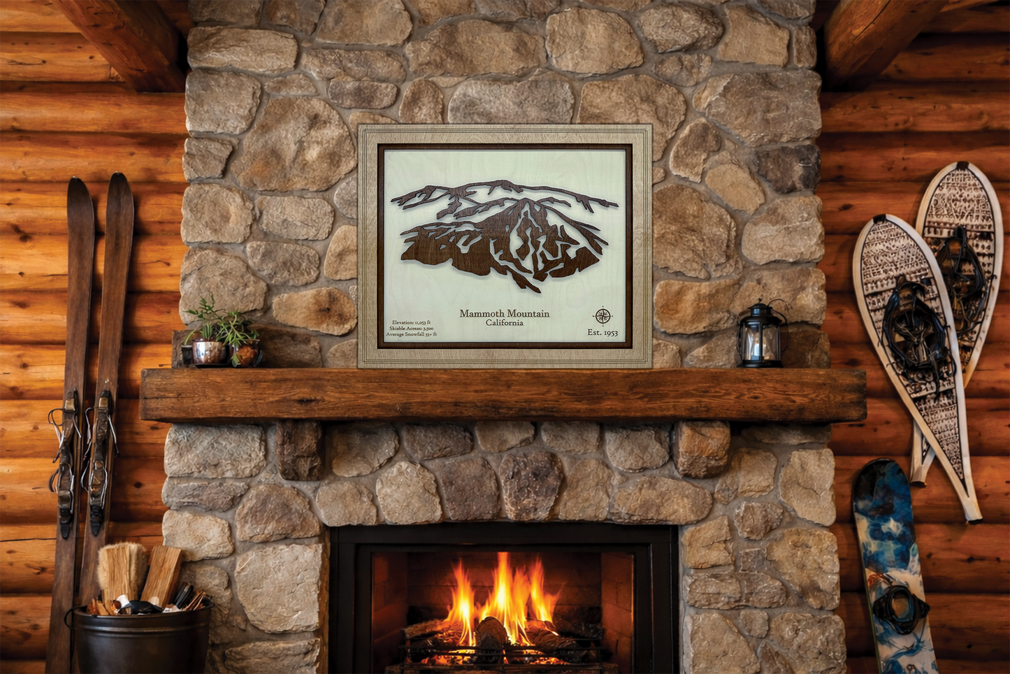 Mammoth Mountain wood relief wall art displayed in a ski cabin or mountain lodge setting