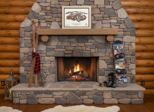 Layered wood Mammoth Mountain artwork styled as modern lodge or mountain home decor