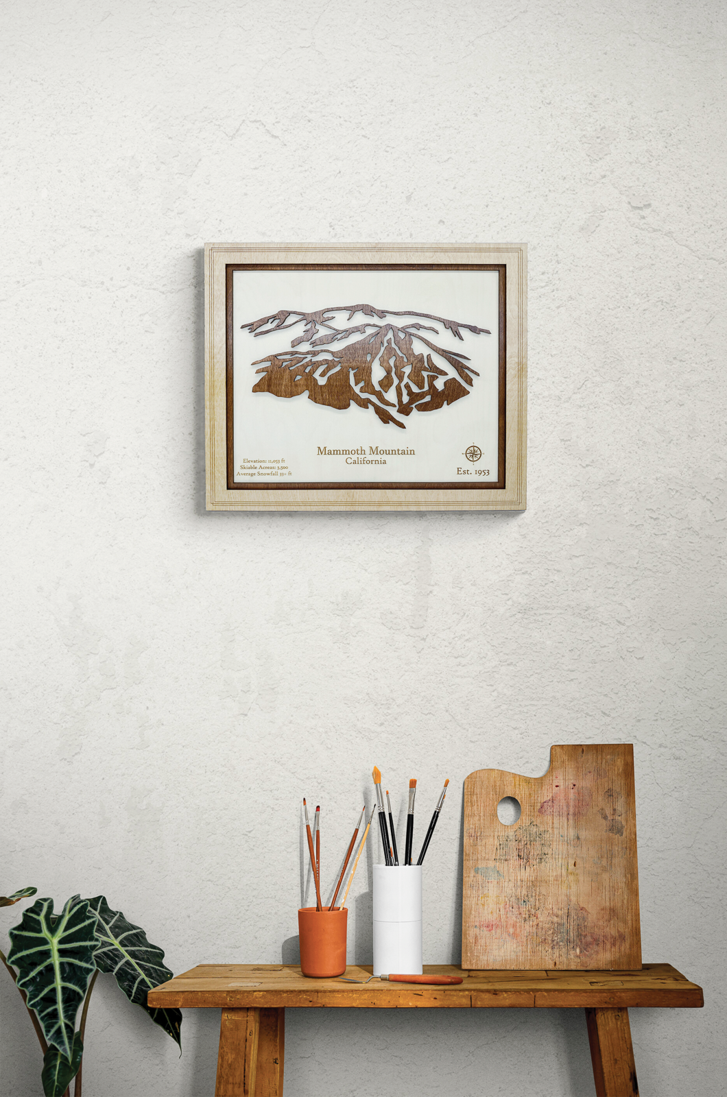 Mammoth Mountain layered wood relief art displayed on a wall in a modern home interior