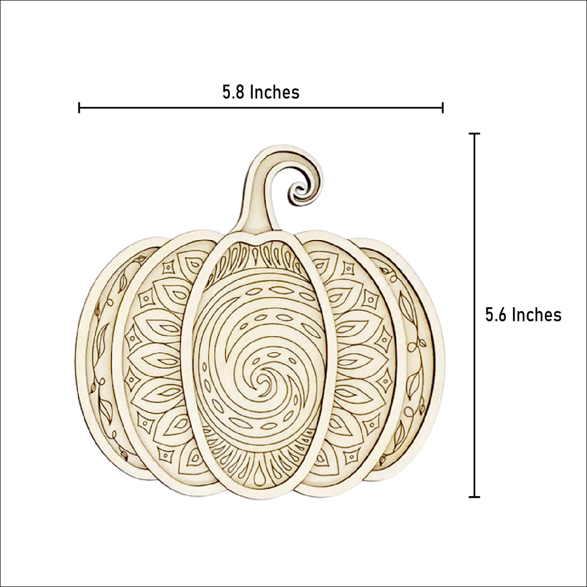 Mandala Pumpkin layered wood painting kit with measurement lines showing the artwork is 5.8 inches wide and 5.6 inches tall.
