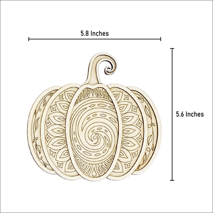 Mandala Pumpkin layered wood painting kit with measurement lines showing the artwork is 5.8 inches wide and 5.6 inches tall.
