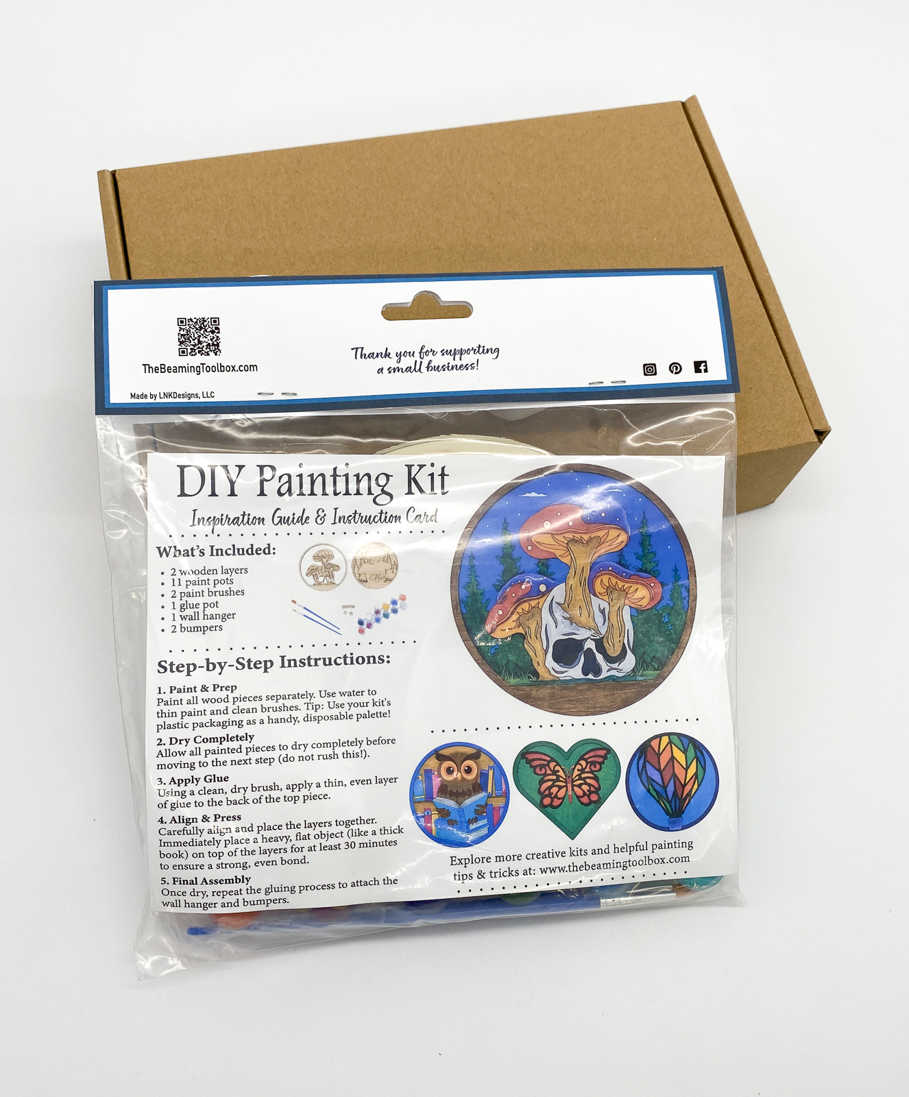 Back of Mushroom Skull DIY paint kit packaging with insert displaying finished painted skull and mushrooms example and kit contents information