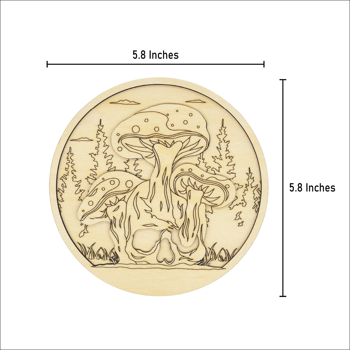 Mushroom Skull layered wood painting kit with measurement lines showing the round artwork is 5.8 inches wide and 5.8 inches tall.