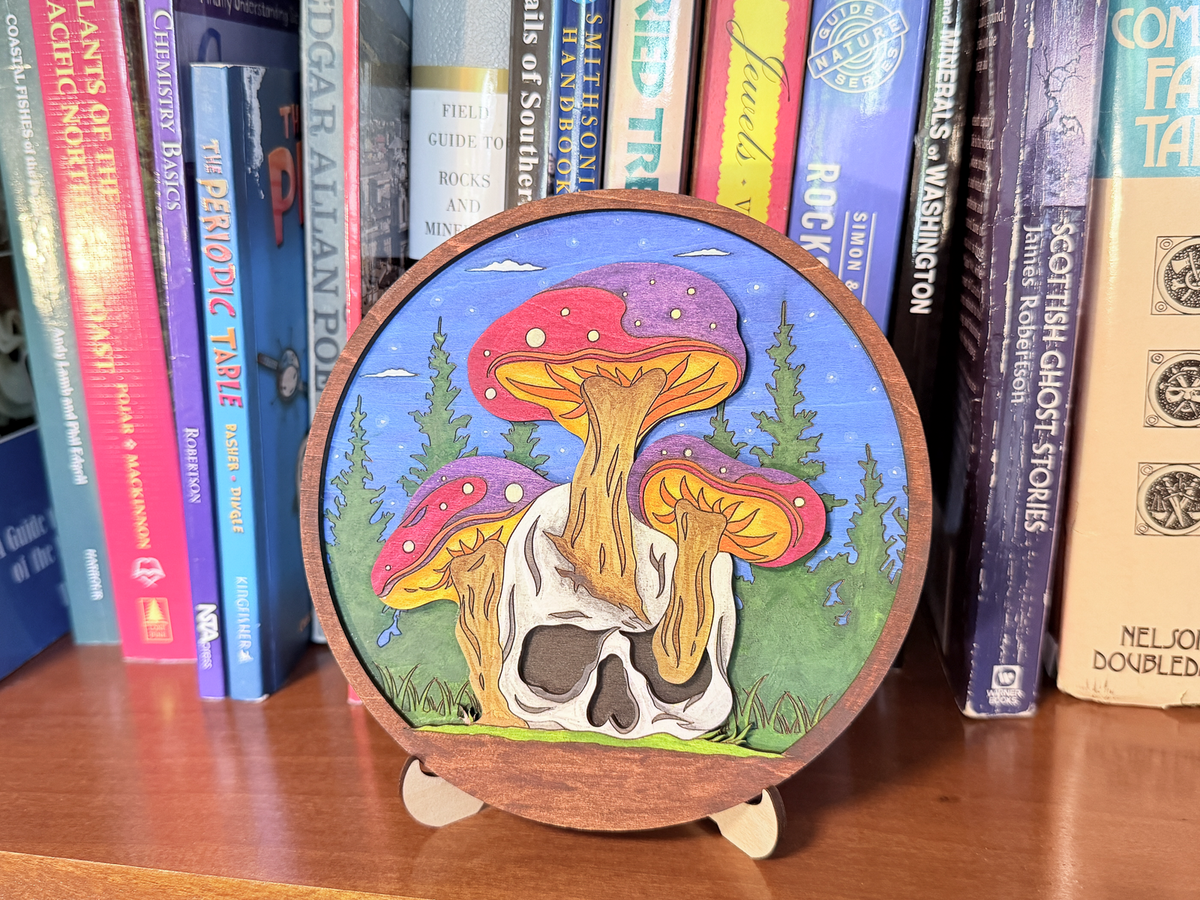 Finished Mushroom Skull layered wood artwork painted with red mushrooms, a skull, green trees, blue sky, and brown frame, displayed on a stand in front of books.