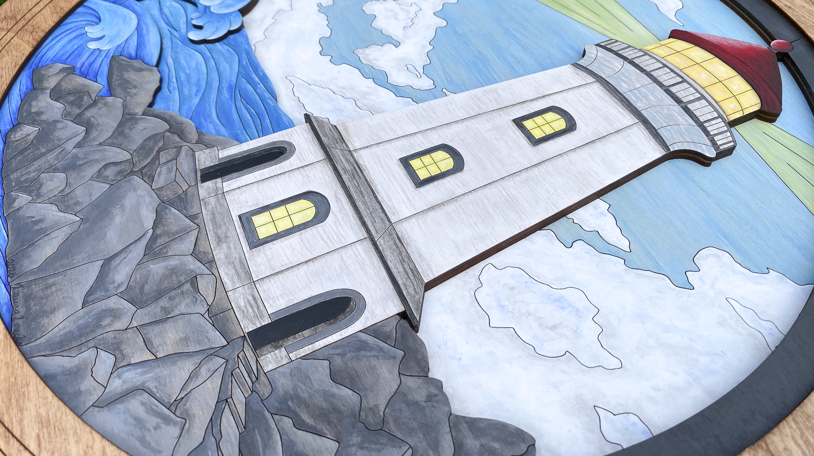 Detailed view of the sky and lighthouse beam, showing the impressionistic brushstrokes and light blue acrylic glazes on the birch wood.