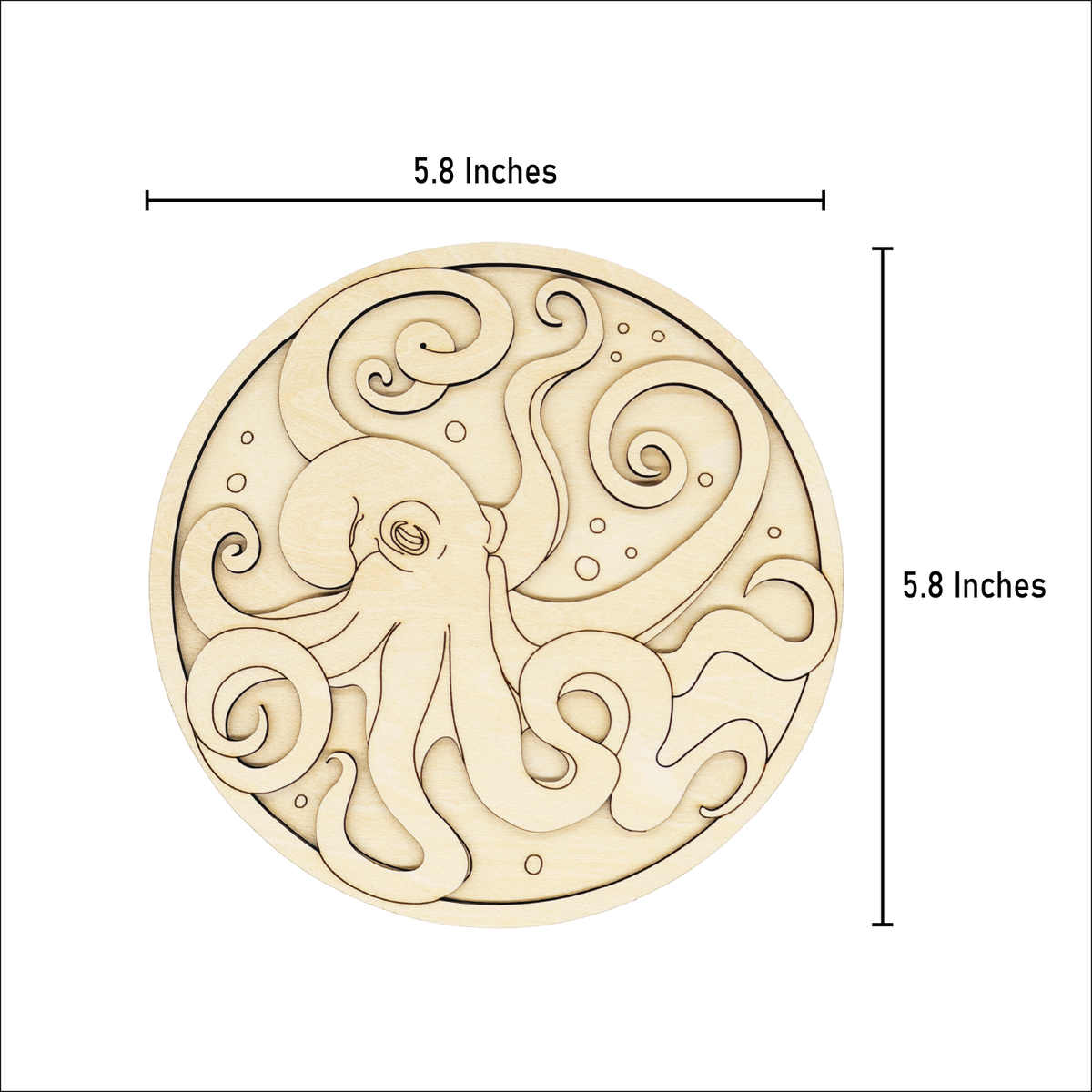 Octopus layered wood painting kit with measurement lines showing the round artwork is 5.8 inches wide and 5.8 inches tall.