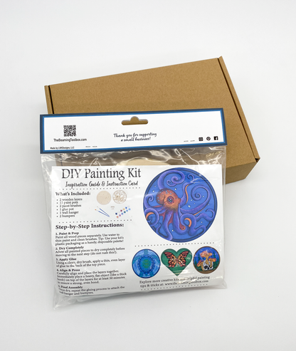 Back of Tangled Treasures octopus DIY paint kit packaging with insert displaying finished painted octopus and treasure example and kit contents information