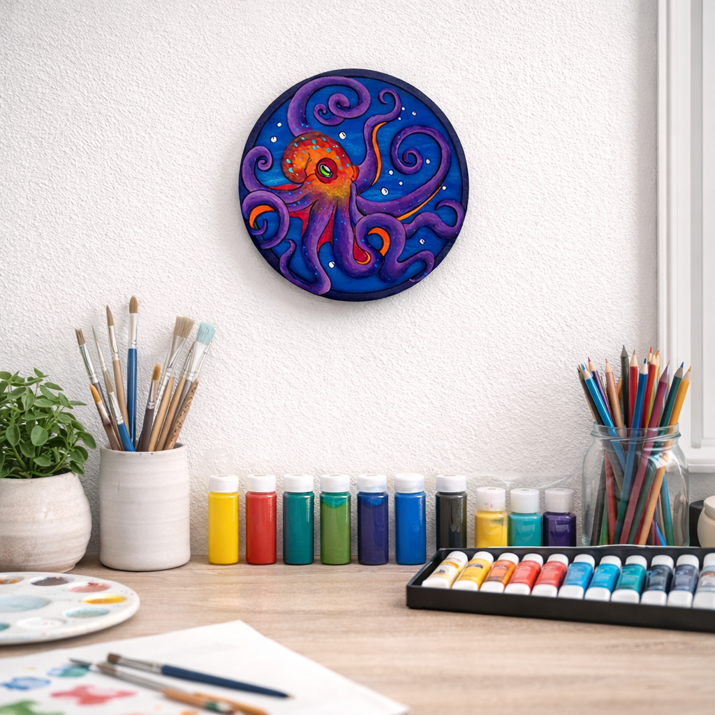 A DIY Paint Kit Featuring A Laser-cut Wooden Octopus on a wall above a desk with art supplies.