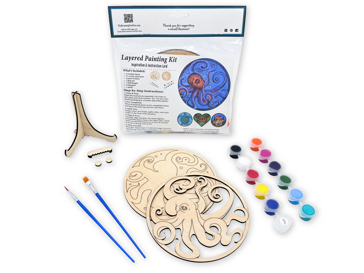 Octopus layered painting kit with unfinished wood pieces, paint pots, brushes, glue, display stand, and instruction card in packaging.